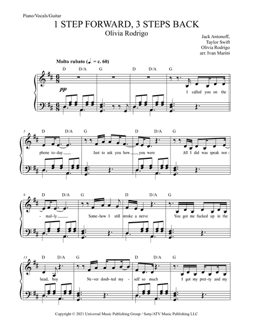 1 Step Forward, 3 Steps Back (Arr. Ivan Marini) - Olivia Rodrigo (Piano-Vocal-Guitar (Piano Accompaniment))