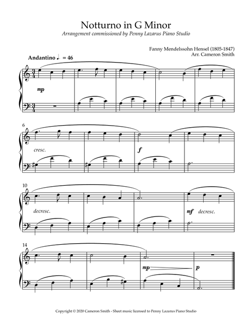 Notturno in G Minor - Level 3 piano arrangement (Arr. Cameron Smith) - Fanny Mendelssohn Hensel (1805-1847) (Easy Piano)