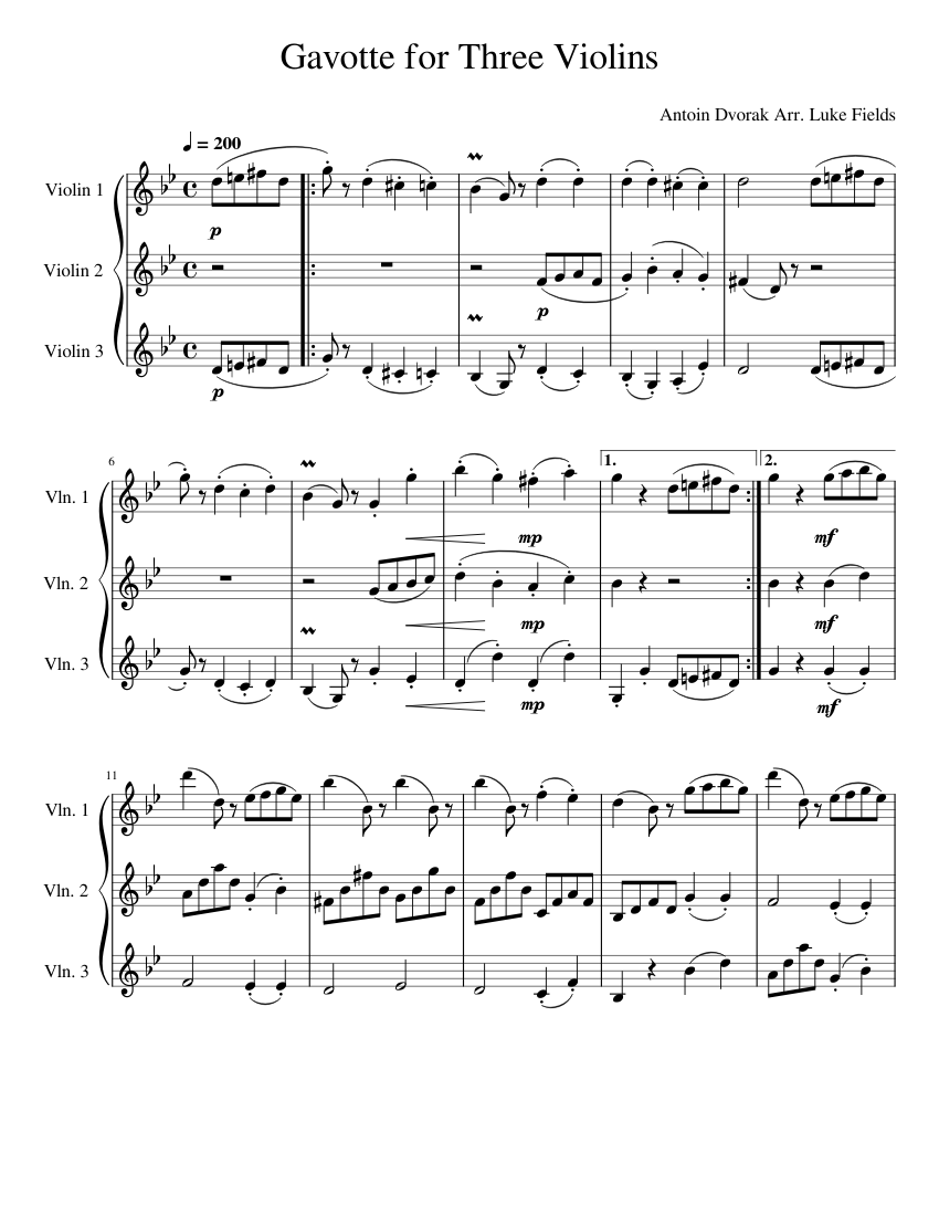 Gavotte for Three Violins B 164 Antonin Dvo ak Sheet music for Violin String Trio Musescore