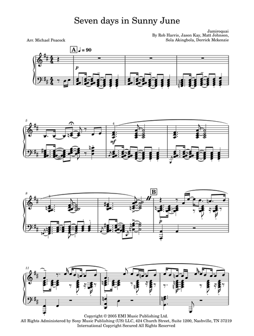 7 Sunny Days In June (Seven Days In Sunny June) (Arr. Michael Peacock) - Jamiroquai (Piano Solo)
