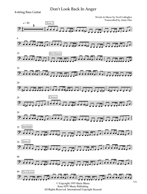 Don't Look Back In Anger (Arr. Andy Pike) - Oasis (Bass Guitar (without TAB))