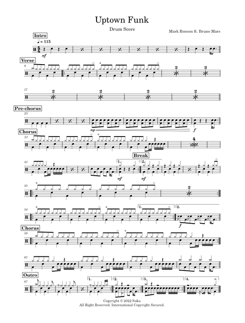 Uptown funk – Mark Ronson ft Bruno Mars [Drum Score]