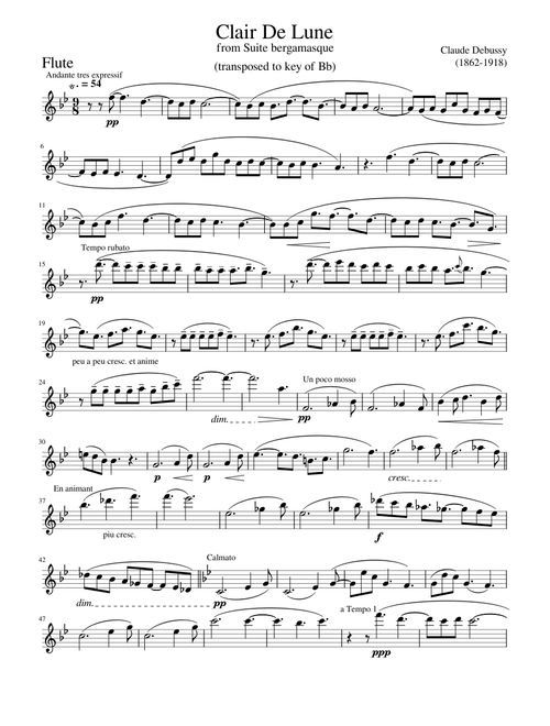 Clair De Lune (in Bb) for Unaccompanied flute