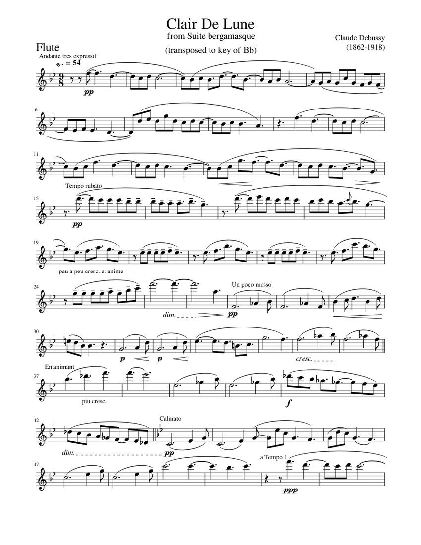 Clair De Lune (in Bb) for Unaccompanied flute Sheet Music for Flute ...