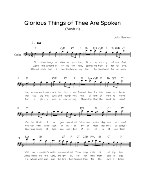 Glorious Things of Thee Are Spoken (Austria) - Cello in F Easy with Chords and Lyrics (Arr. MissoRB) - John Newton (Cello Solo)