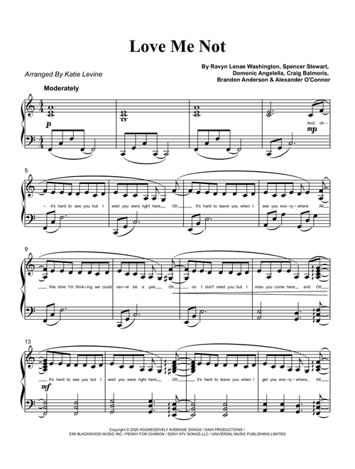 Love Me Not (Arr. Katie Levine) - Ravyn Lenae (Easy Piano)