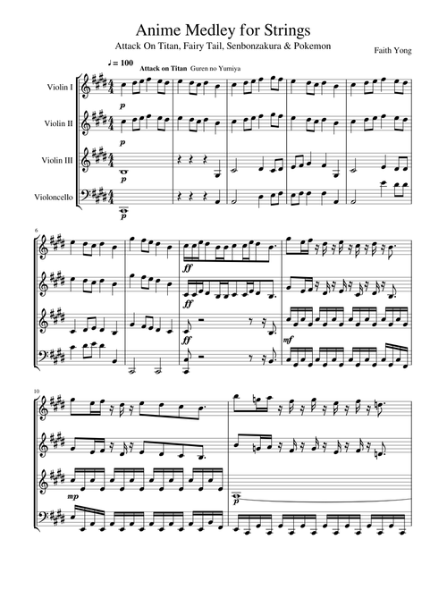 Anime Medley for 3 violins and cello