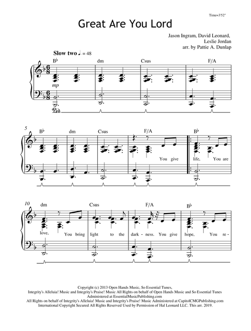 Great Are You Lord (Arr. Pattie A. Dunlap) - David Leonard, Jason Ingram, Leslie Jordan (Piano Vocal)