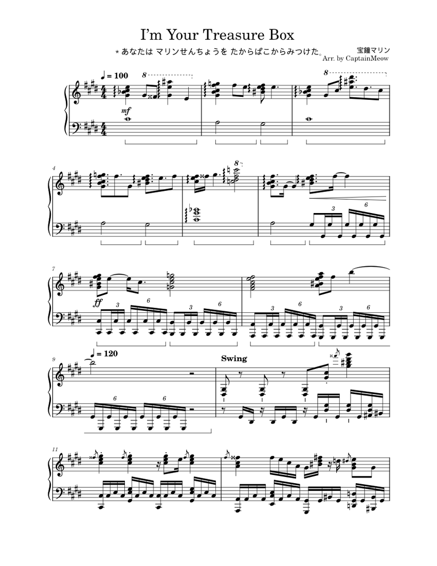 I'm Your Treasure Box ＊あなたは マリンせんちょうを たからばこからみつけた。 – 宝鐘マリン Sheet music for  Piano (Solo) | Musescore.com