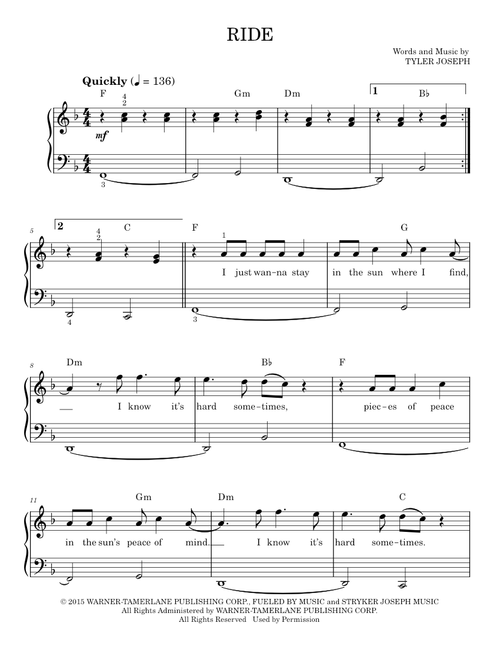 Ride - Twenty One Pilots (Easy Piano)