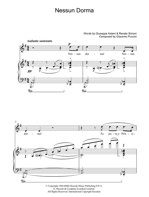 Nessun Dorma (from Turandot) - Luciano Pavarotti (Piano Vocal)