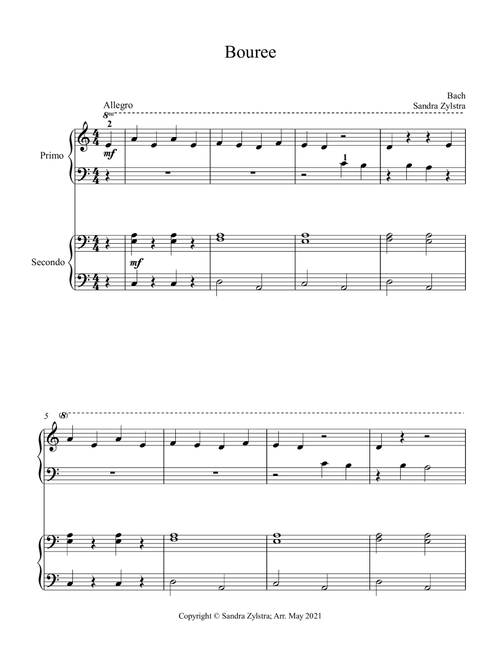 Bouree (beginning solo with optional elementary duet) (Arr. Sandra Zylstra) - Bach (Easy Piano)