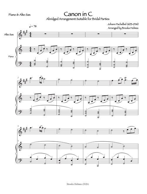 Pachelbel Canon for Alto Sax & Piano (Arr. Brooks Holmes) (Alto Sax and Piano)