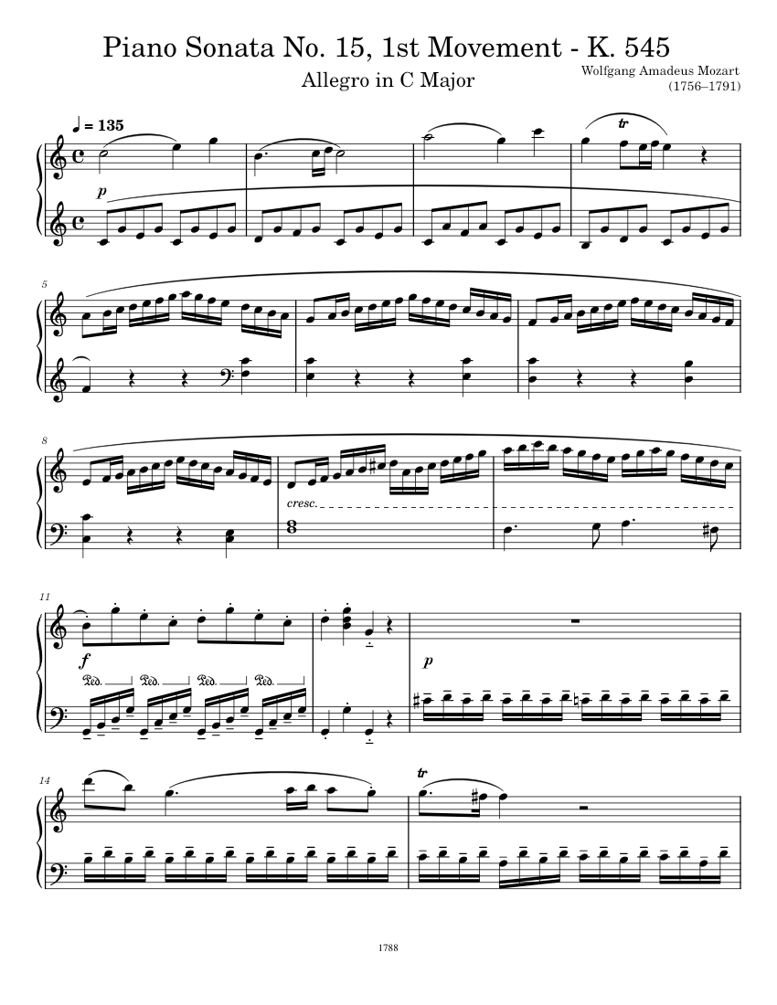 Mozart - Piano Sonata No. 15, K. 545 in C Major (1st Movement / Allegro ...