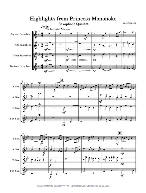 Princess Mononoke Medley (For 4 Saxophones - SATB)