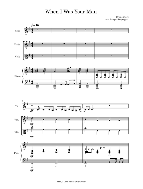 When I Was Your Man – Bruno Mars (Arranged for Voice, Piano, Violin, and Viola)