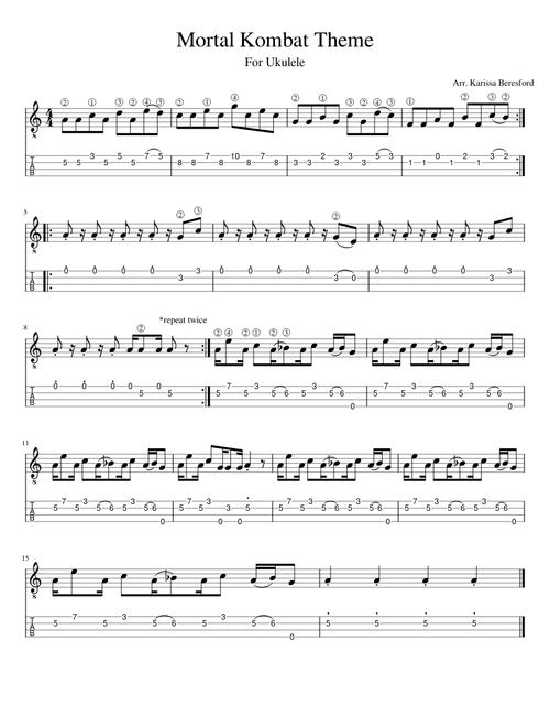 Mortal Kombat Theme for Ukulele- Tab and Treble Clef