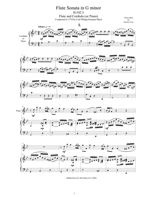 Bach CPE - Flute Sonata in G minor H542.5 for Flute and Cembalo (or Piano) (Arr. Santino Cara) - Bach Carl Philipp Emanuel (Instrumental Duet and Piano)