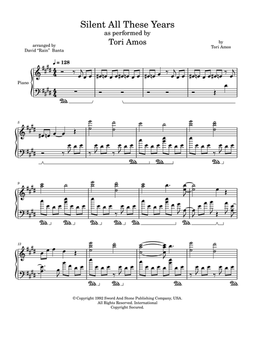 Silent All These Years (Arr. David E Banta) - Tori Amos (Piano-Vocal-Guitar (Piano Accompaniment))