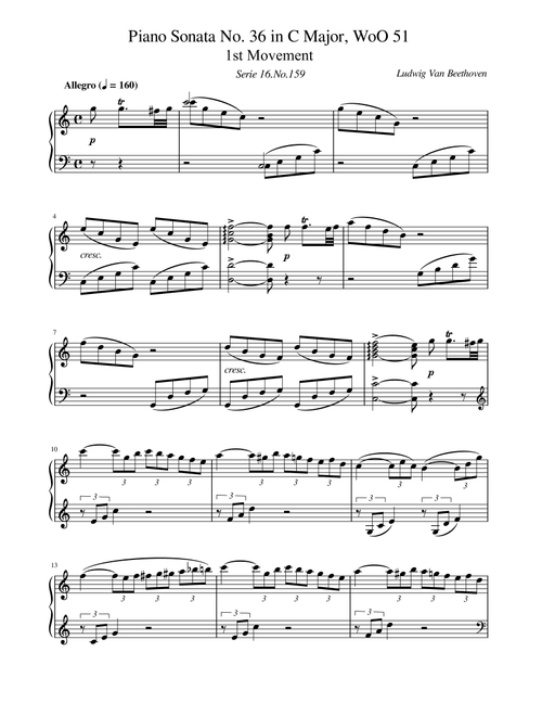 Beethoven, Piano Sonata in C Major, WoO 51, 1st Mov, for Piano Solo Original (Arr. poon) - Ludwig Van Beethoven (Piano Solo)