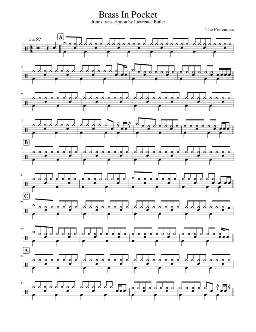 Brass In Pocket drums transcription Sheet music for Drum group (Solo