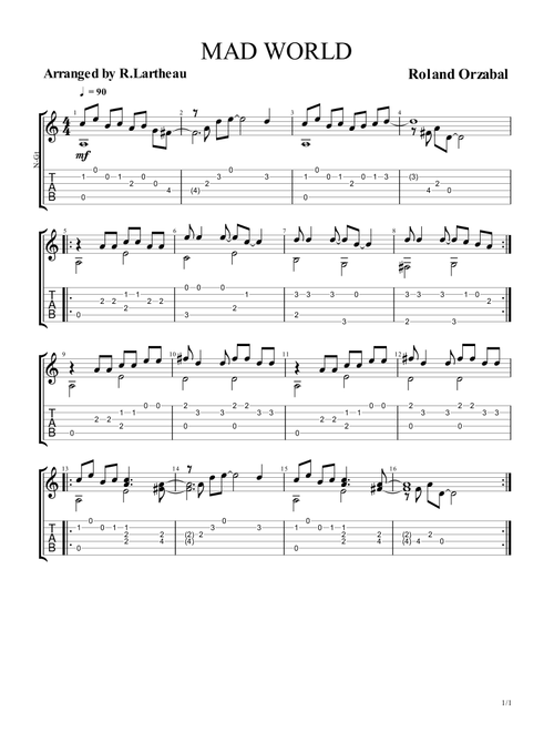 Mad World (Arr. Roger Lartheau) - Adam Lambert (Guitar Tab)