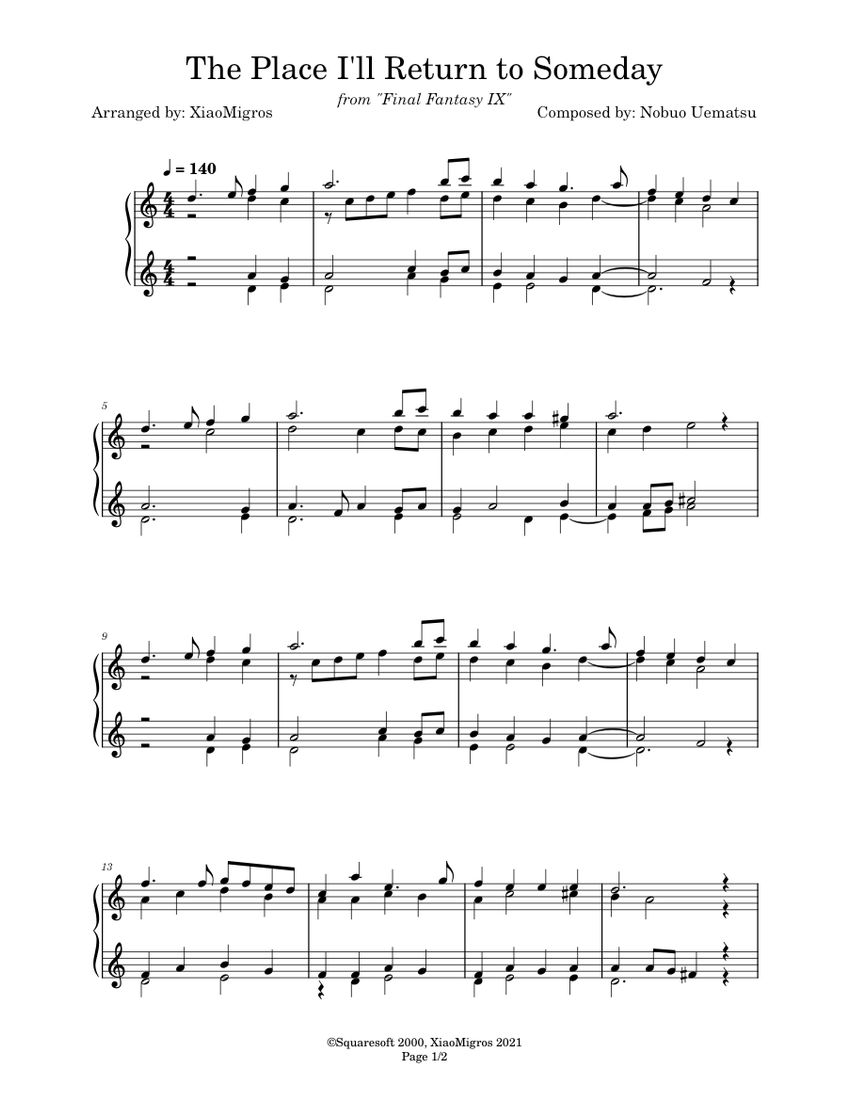 The Place I'll Return To Someday - Final Fantasy IX Sheet