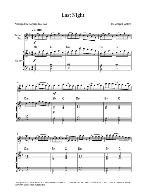 Last Night (Arr. Rodrigo Faleiros) - Morgan Wallen (Tenor Sax and Piano)
