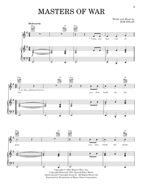Masters Of War - Bob Dylan (Piano-Vocal-Guitar)