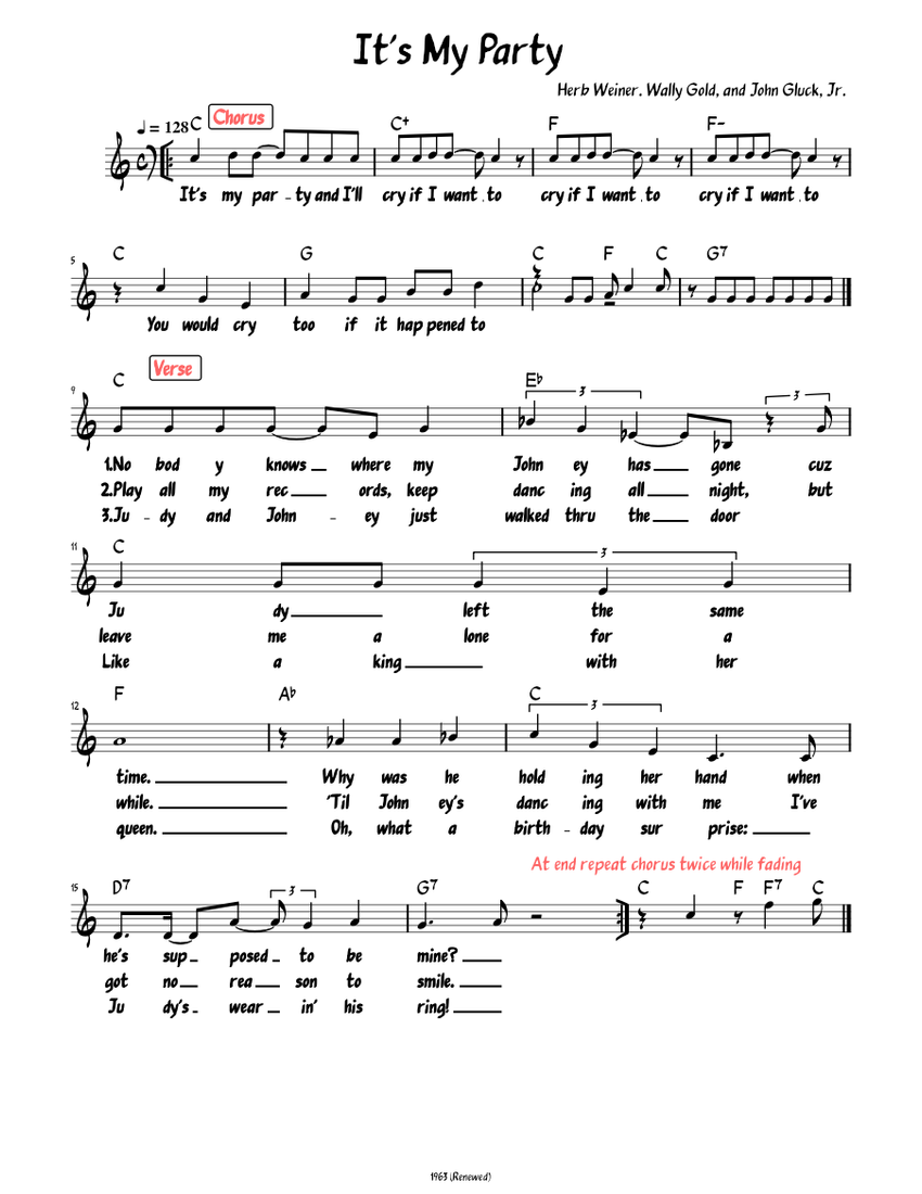 It's My Party (Lead sheet with lyrics ) Sheet music for