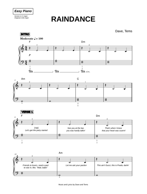 Raindance - Dave, Tems (Easy Piano)