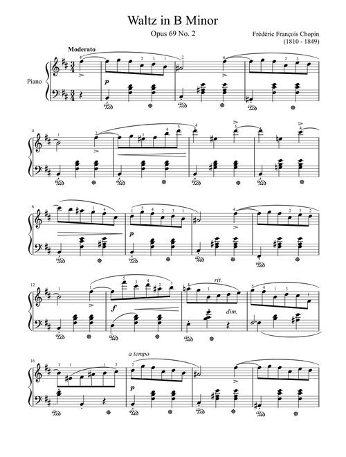 Chopin Waltz Op.69 No. 2 in B Minor Minor With Finger (Arr. poon) - Frédéric Fryderyk Chopin (Piano Solo)