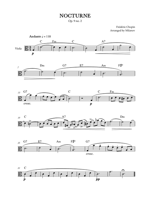 Chopin Nocturne op. 9 no. 2 | Viola | C Major | Chords | Easy beginner (Arr. Milanov) - Frédéric Chopin (Viola Solo)