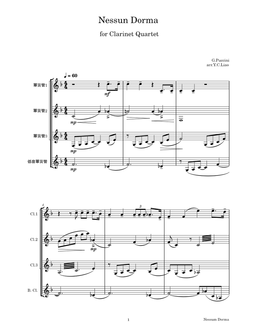 Nessun Dorma Sheet Music For Clarinet In B-flat, Clarinet Bass ...