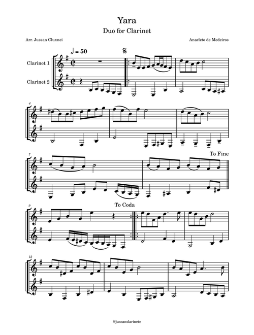 Yara -Clarinet Duet (Arr. Jussan Cluxnei Canguçu) - Anacleto de Medeiros (Clarinet Duet)