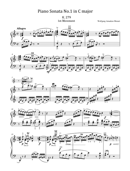 Mozart - Piano Sonata No.1 in C major, K.279/189d - 1st Mov Original With Fingered - For Piano Solo (Arr. poon) - Wolfgang Amadeus Mozart (Piano Solo)
