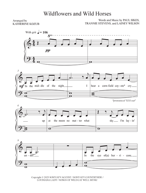 Wildflowers And Wild Horses (Arr. Katherine Kozub) - Lainey Wilson (Easy Piano)