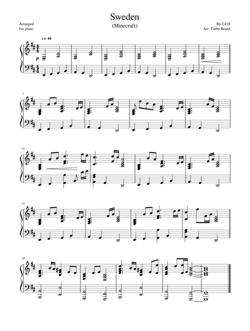 Sweden (Minecraft) sheet music arranged by Torby Brand for Solo