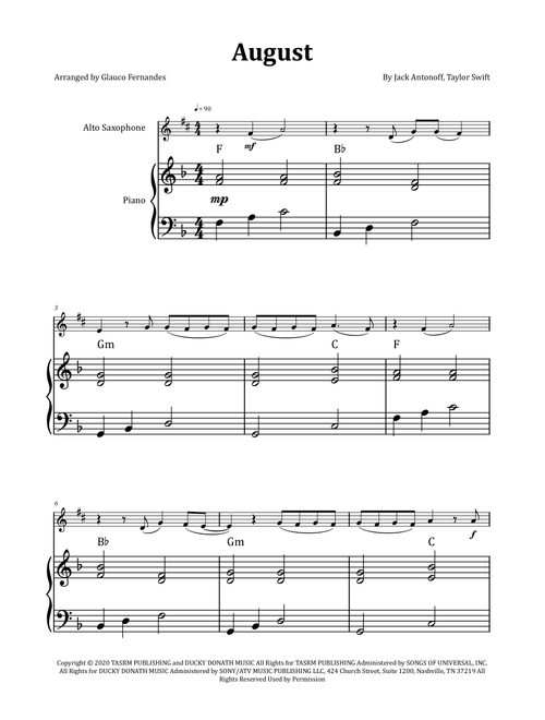 August (Arr. Glauco Fernandes) - Taylor Swift (Alto Sax and Piano)