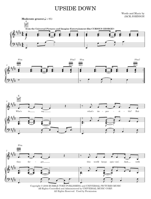 Upside Down - Curious George Movie, Jack Johnson (Piano-Vocal-Guitar)