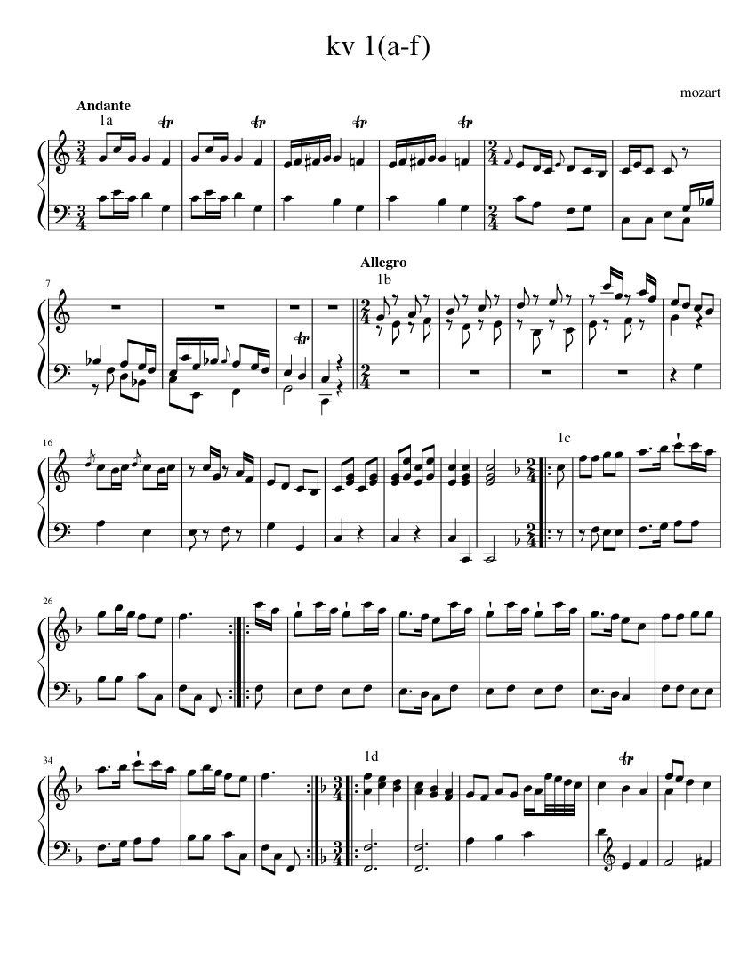 K1 – Wolfgang Amadeus Mozart Sheet Music with Chords for Piano