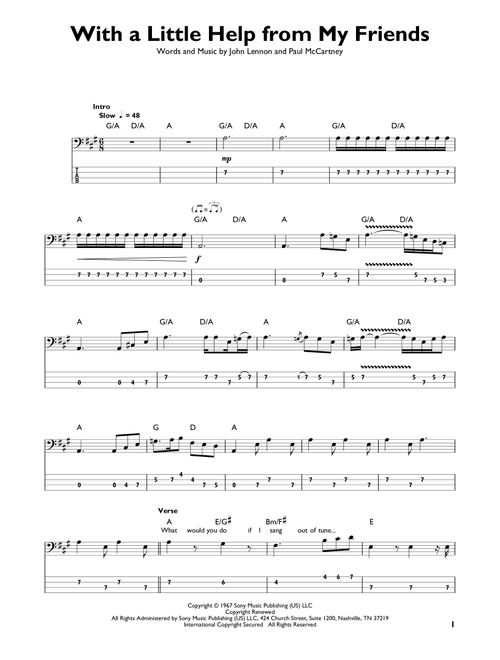 With A Little Help From My Friends - Joe Cocker, The Beatles (Easy Bass Tab)