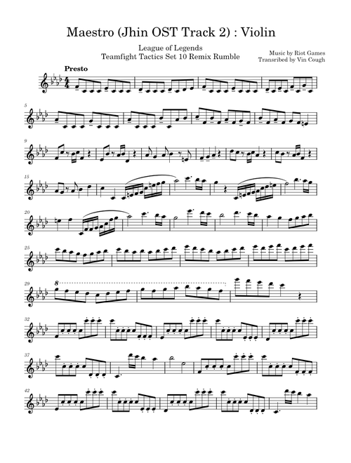 Jhin theme – Riot Games League of Legends TFT Set 10: Remix Rumble - Jhin's Soundtrack 2 (Maestro) Violin Sheet Music