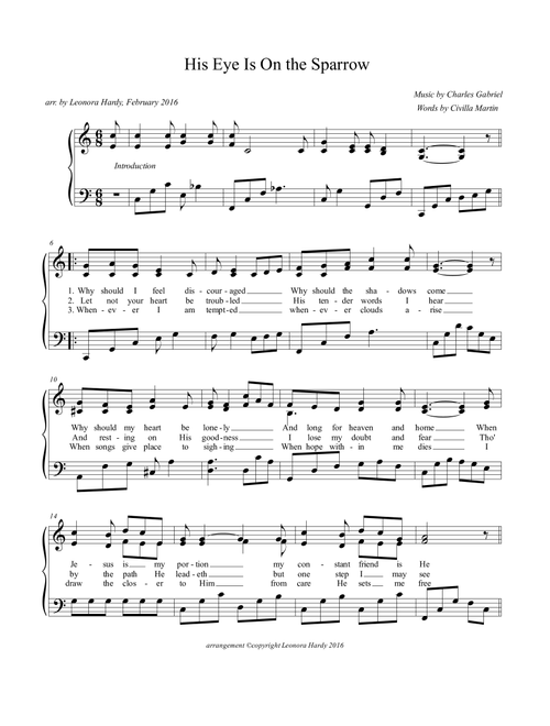 His Eye Is On the Sparrow Key of C (Arr. Leonora Hardy) - Charles H Gabriel Civilla Martin (Piano Vocal)