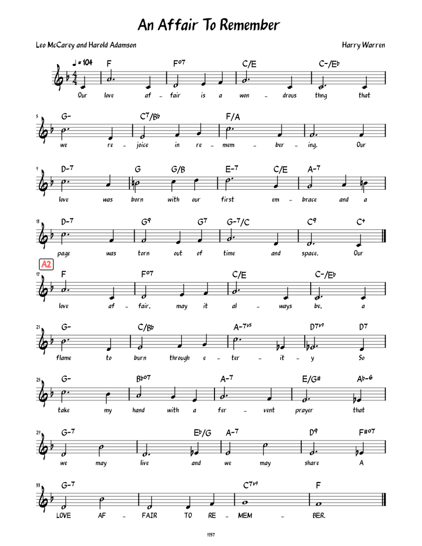 An Affair to Remember (Lead sheet with lyrics ) Sheet music for Piano ...