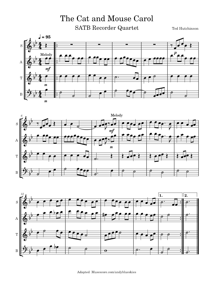 The Cat and Mouse Carol SATB Recorder Quartet Sheet music for Recorder ...