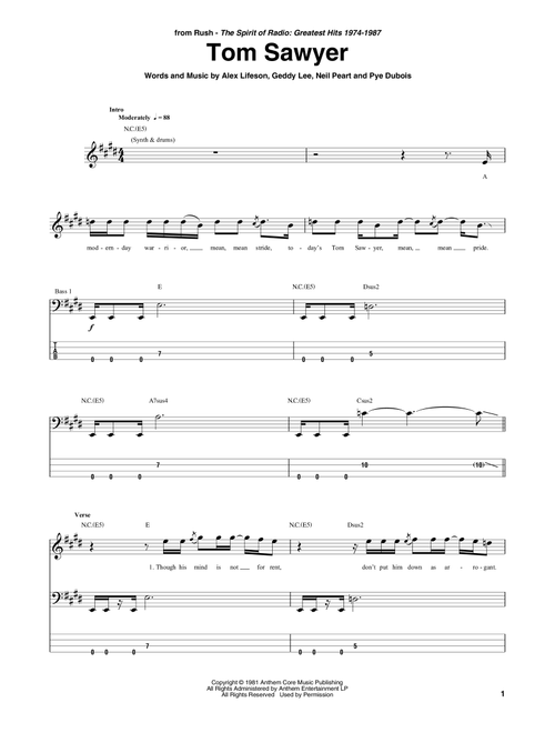 Tom Sawyer - Rush (Bass Tab)