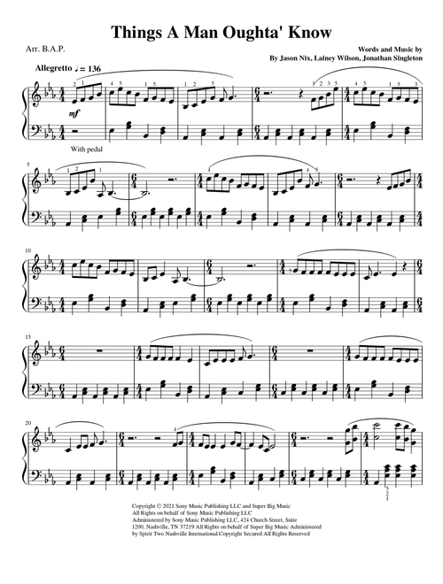 Things A Man Oughta Know (Arr. B.A.P.) - Lainey Wilson (Piano Solo)