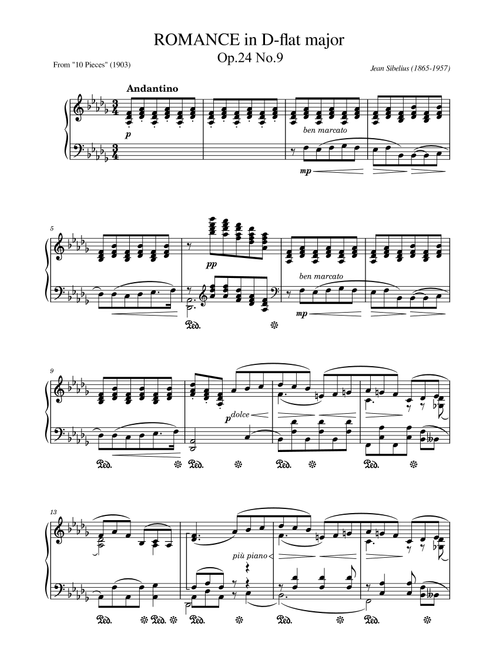 Sibelius, Romance D-flat major Op.24 No.9 (1903), for Piano Solo Original (Arr. poon) - Jean Sibelius (Piano Solo)