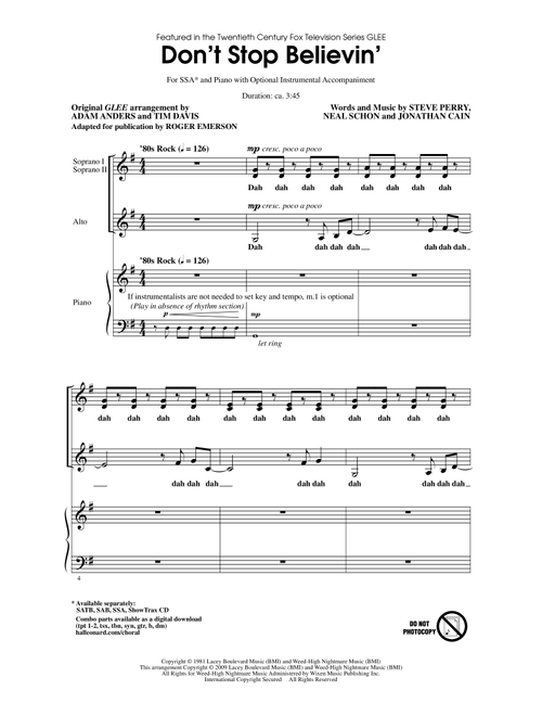Don't Stop Believin' (Arr. Roger Emerson) - Journey, Steve Perry, Glee Cast (Choral, SSA)